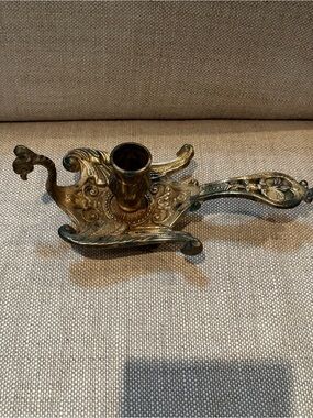Source Unknown Ornate Brass Candleholder in Aged Gold and Green Patina